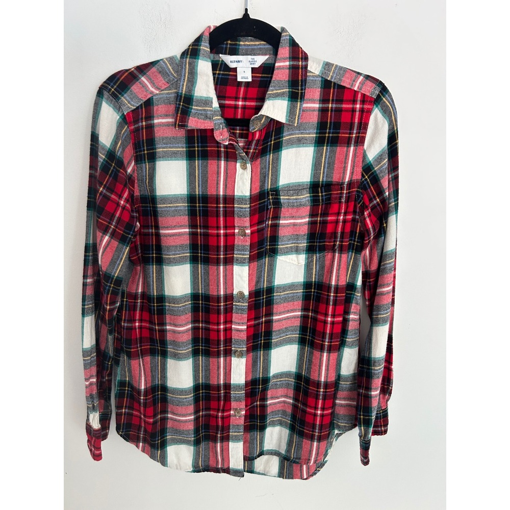 Old Navy Womens Red Plaid Classic Shirt Long Sleeve Cotton Button Down Small